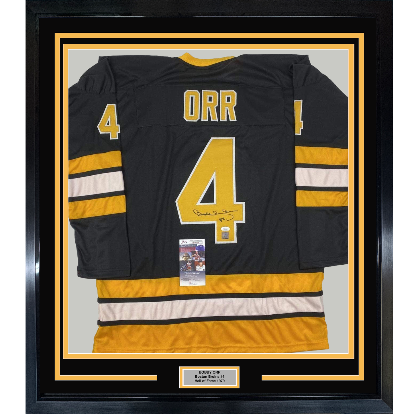 Framed Autographed/Signed Bobby Orr 35x39 Boston Black Hockey Jersey JSA & GNR COA