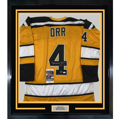 Framed Autographed/Signed Bobby Orr 35x39 Boston Yellow Hockey Jersey JSA & GNR COA