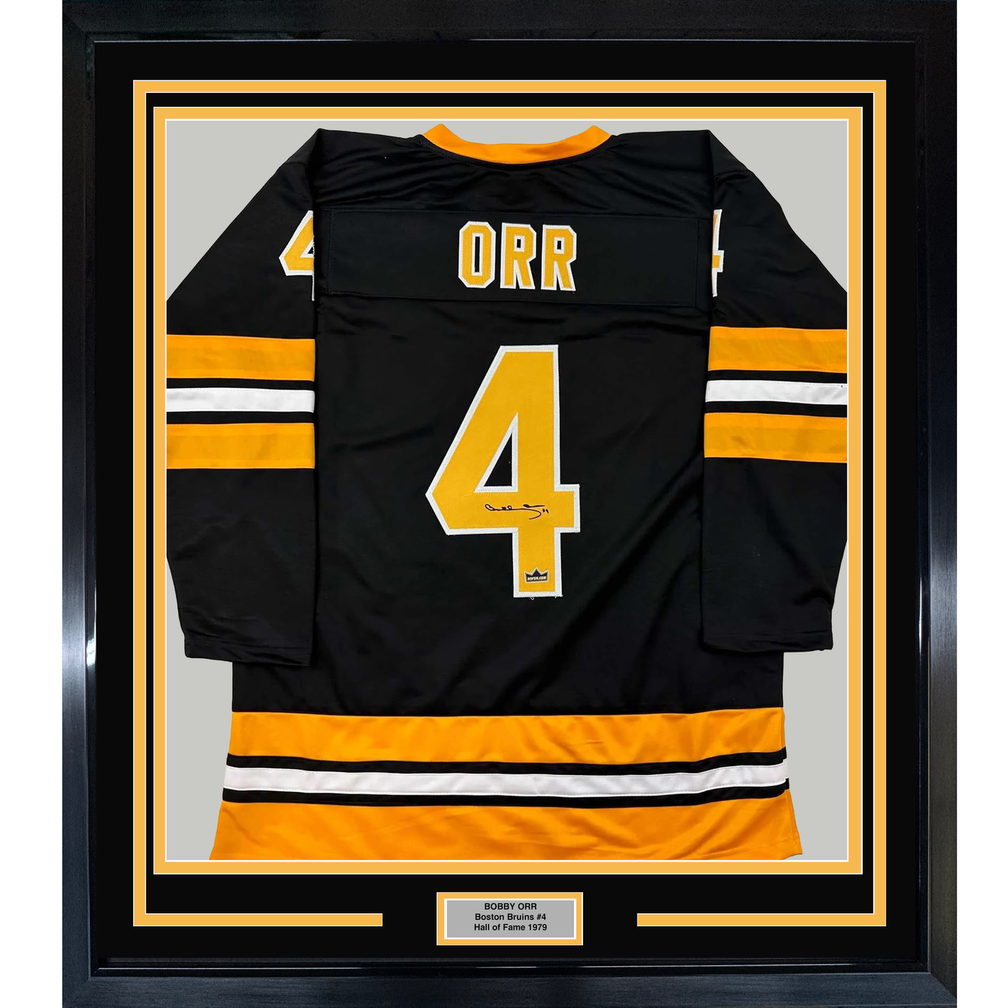 Framed Facsimile Autographed Bobby Orr 35x39 Boston Black Reprint Laser Auto Hockey Jersey