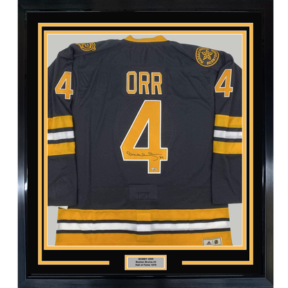 Framed Autographed/Signed Bobby Orr 35x39 Boston Yellow Hockey Jersey Beckett Fanatics COA