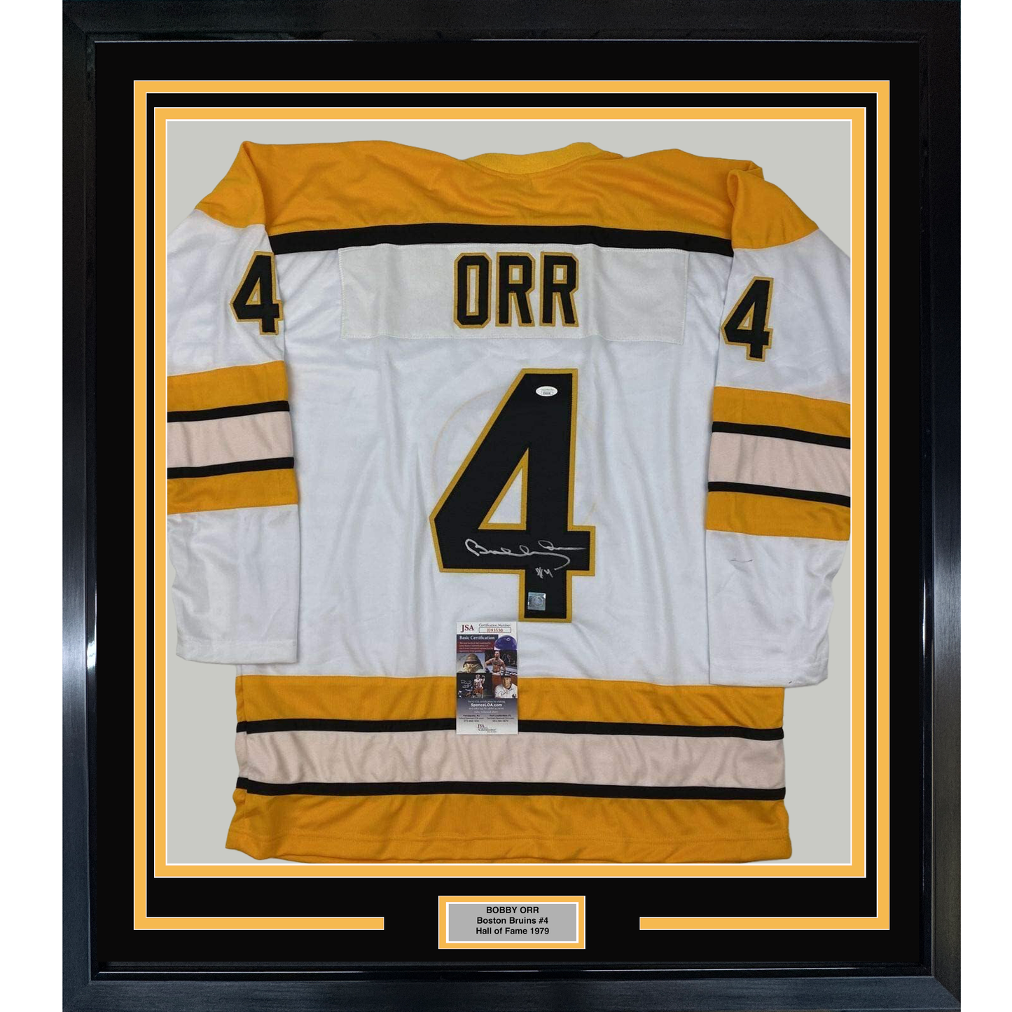 Framed Autographed/Signed Bobby Orr 35x39 Boston White Hockey Jersey JSA & GNR COA