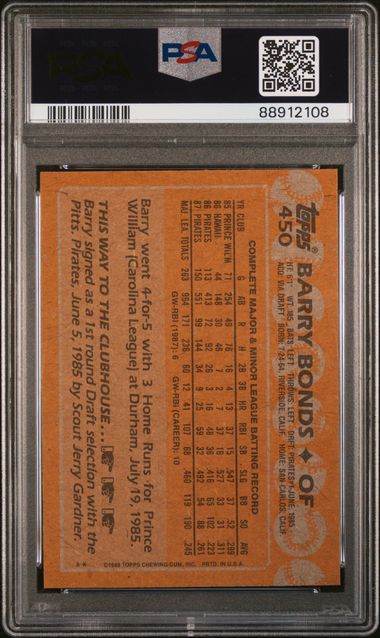 Graded 1988 Topps Barry Bonds #450 2nd Year Baseball Card PSA 10 Gem Mint