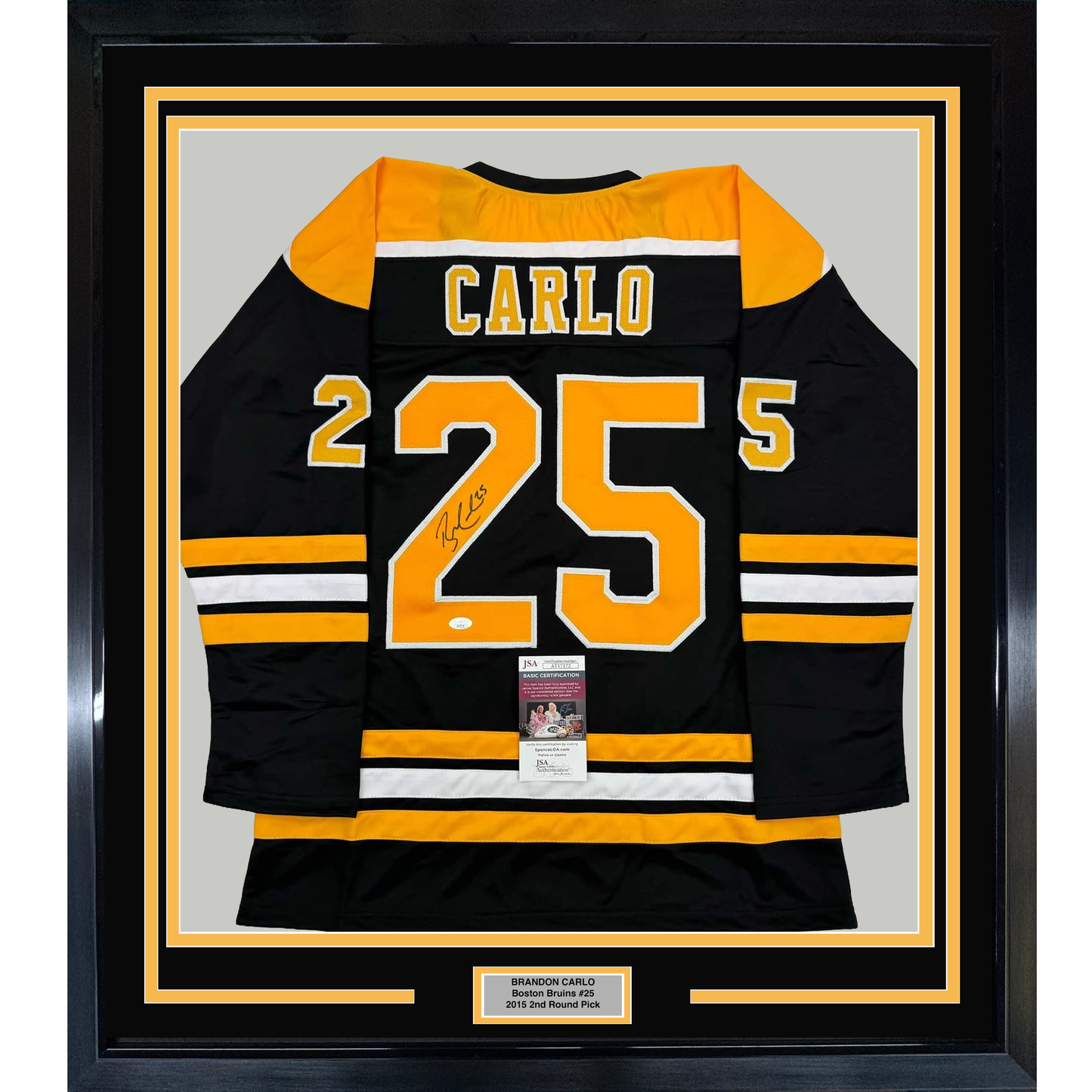 Framed Autographed/Signed Brandon Carlo 35x39 Boston Black Hockey Jersey JSA COA