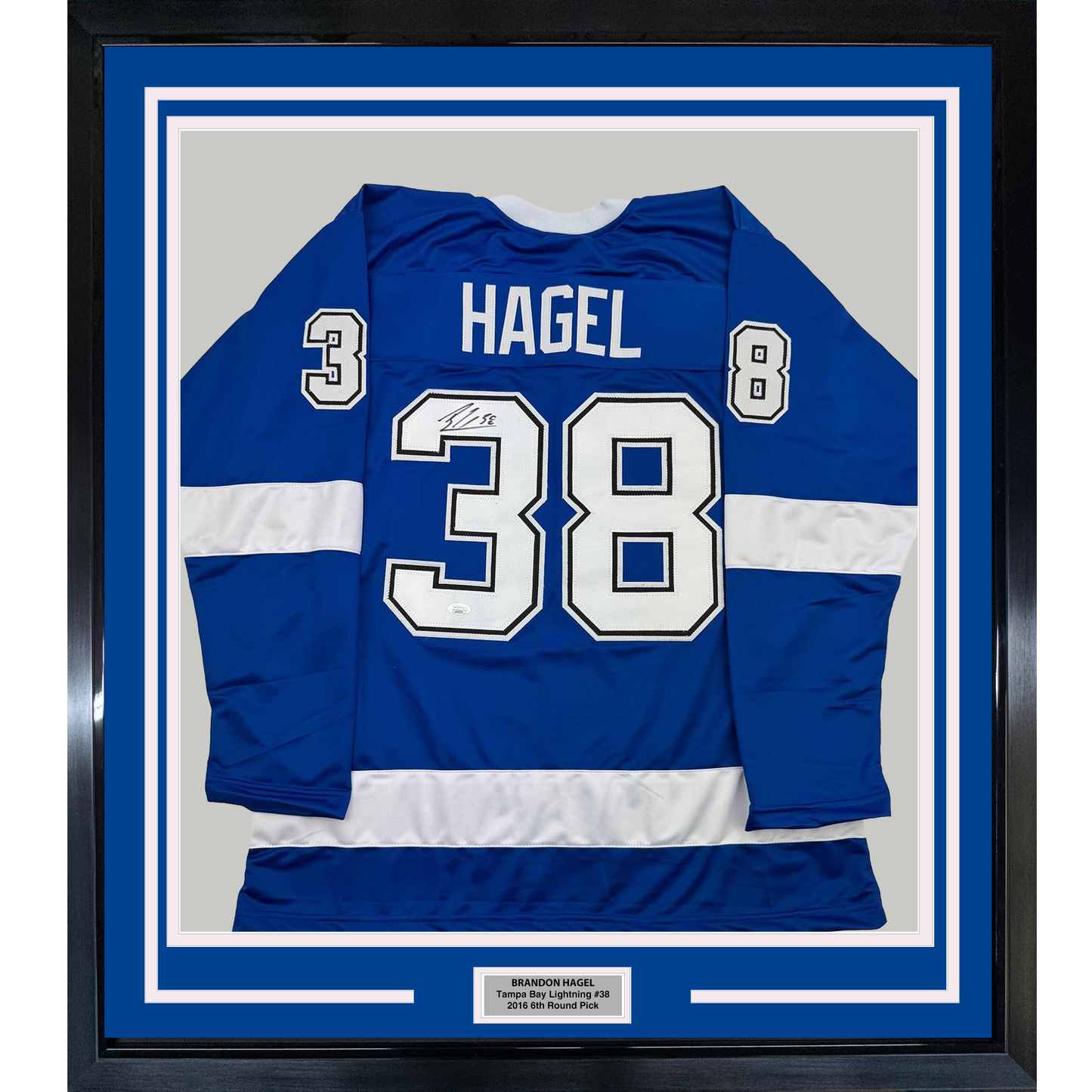 Framed Autographed/Signed Brandon Hagel 35x39 Tampa Bay Blue Hockey Jersey JSA COA