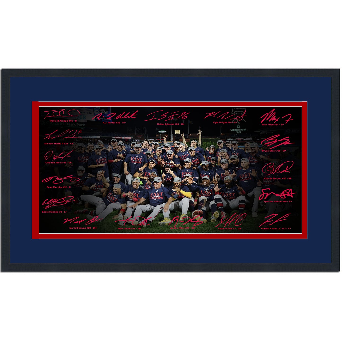 Framed Atlanta Braves 2023 NL East Champions Facsimile Signature Team Auto 16x24 Baseball Photo