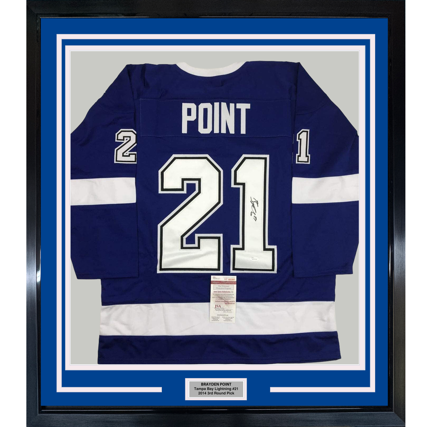 Framed Autographed/Signed Brayden Point 35x39 Tampa Bay Blue Hockey Jersey JSA COA