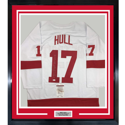 Framed Autographed/Signed Brett Hull HOF 2009 35x39 Detroit White Hockey Jersey JSA COA