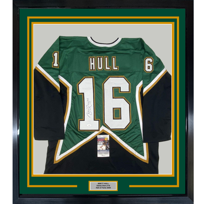 Framed Autographed/Signed Brett Hull #16 35x39 Dallas Green Hockey Jersey JSA COA