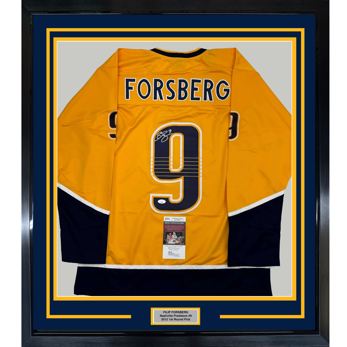 Framed Autographed/Signed Filip Forsberg 35x39 Nashville Yellow Hockey Jersey JSA COA