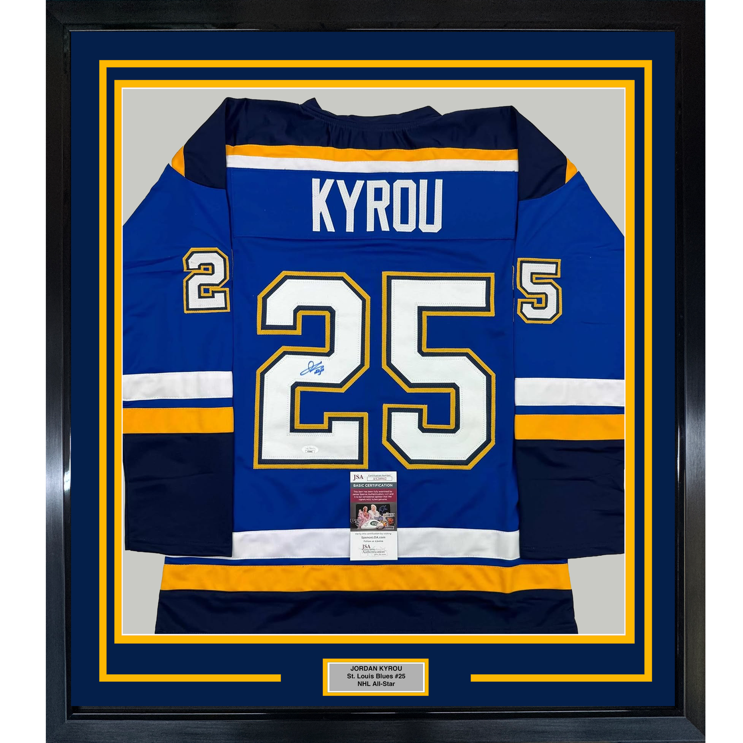 Framed Autographed/Signed Jordan Kyrou 35x39 St. Louis Blue Hockey Jersey JSA COA