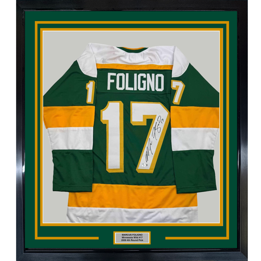 Framed Autographed/Signed Marcus Foligno 35x39 Minnesota Green Hockey Jersey Beckett BAS COA