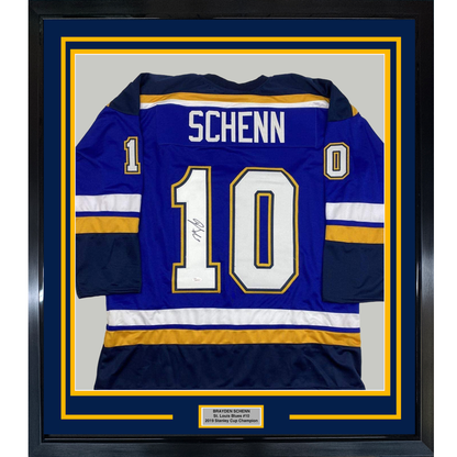Framed Autographed/Signed Brayden Schenn 35x39 St. Louis Blue Hockey Jersey JSA COA