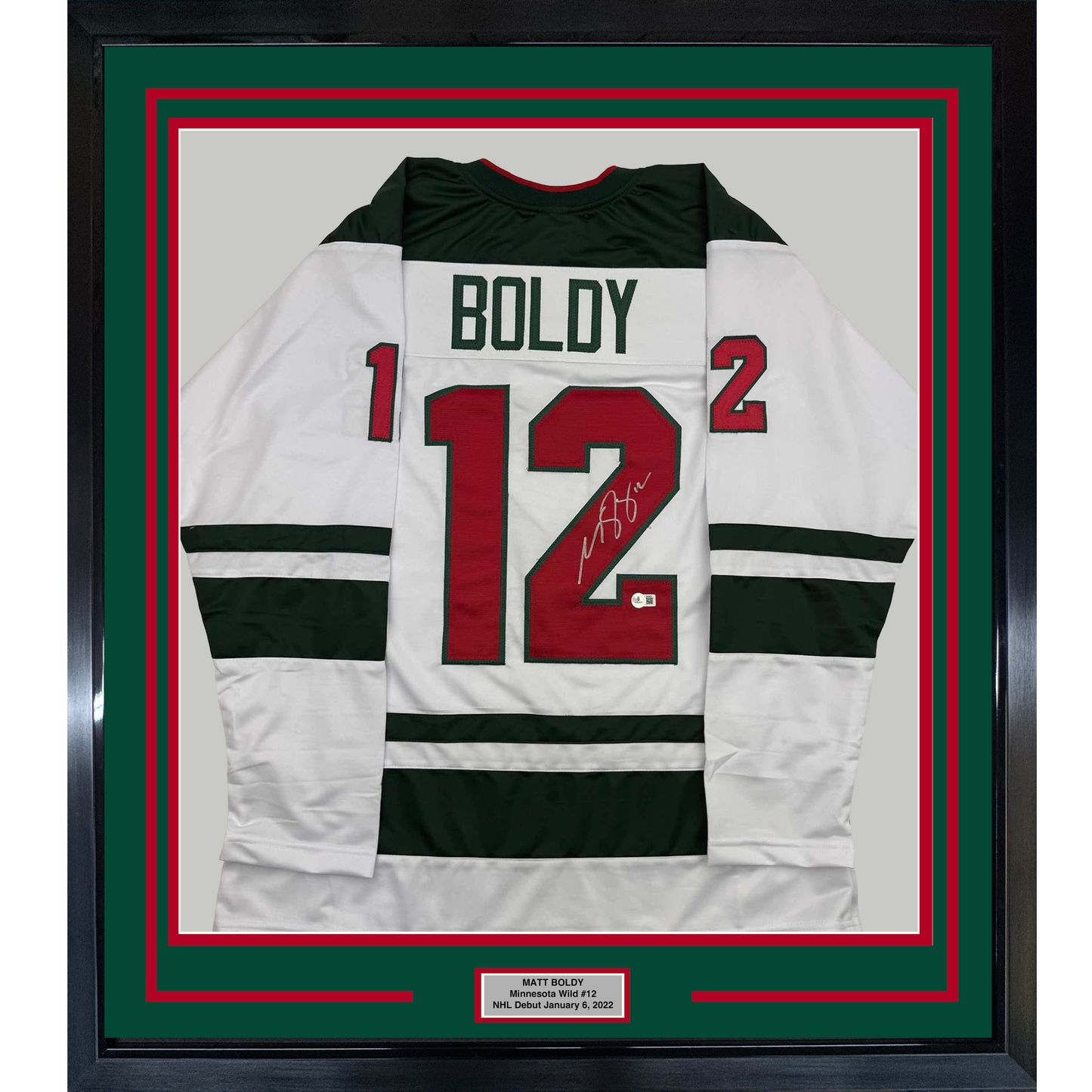 Framed Autographed/Signed Matt Boldy 35x39 Minnesota White Hockey Jersey Beckett BAS COA