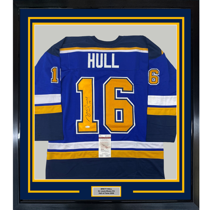 Framed Autographed/Signed Brett Hull 35x39 St. Louis Blue Yellow Numbers Hockey Jersey JSA COA