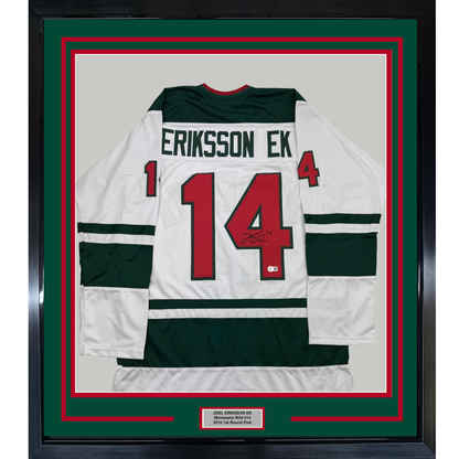 Framed Autographed/Signed Joel Eriksson Ek 35x39 Minnesota White Hockey Jersey Beckett BAS COA