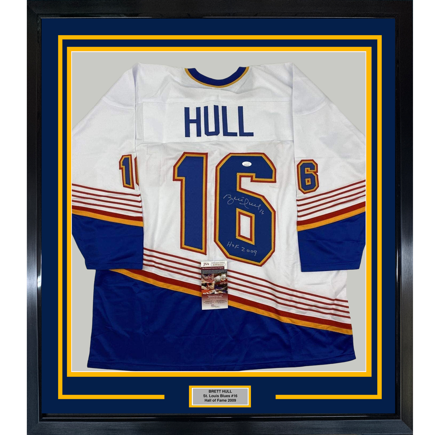 Framed Autographed/Signed Brett Hull HOF 2009 35x39 St. Louis Retro White Hockey Jersey JSA COA