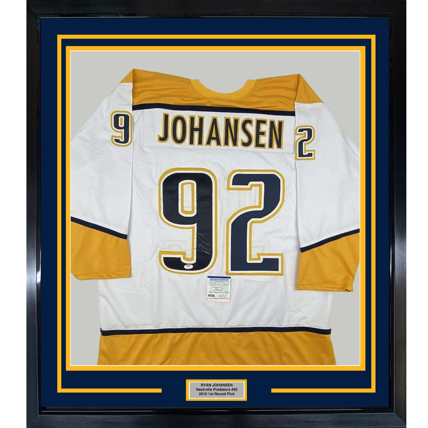 Framed Autographed/Signed Ryan Johansen 35x39 Nashville White Hockey Jersey PSA/DNA COA