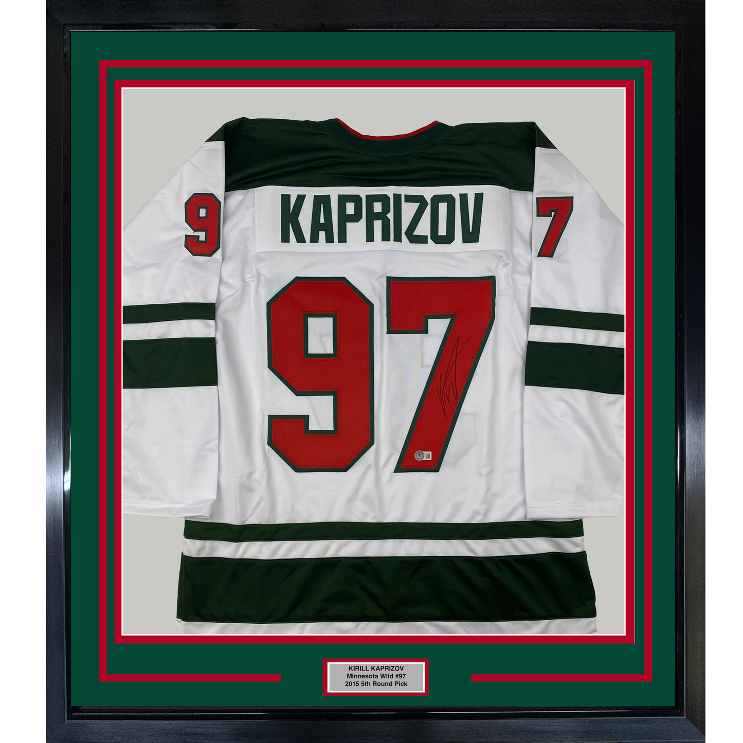 Framed Autographed/Signed Kirill Kaprizov 35x39 Minnesota White Hockey Jersey Beckett BAS COA