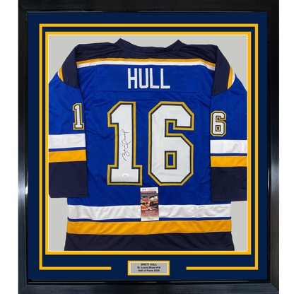 Framed Autographed/Signed Brett Hull 35x39 St. Louis Blue White Numbers Hockey Jersey JSA COA
