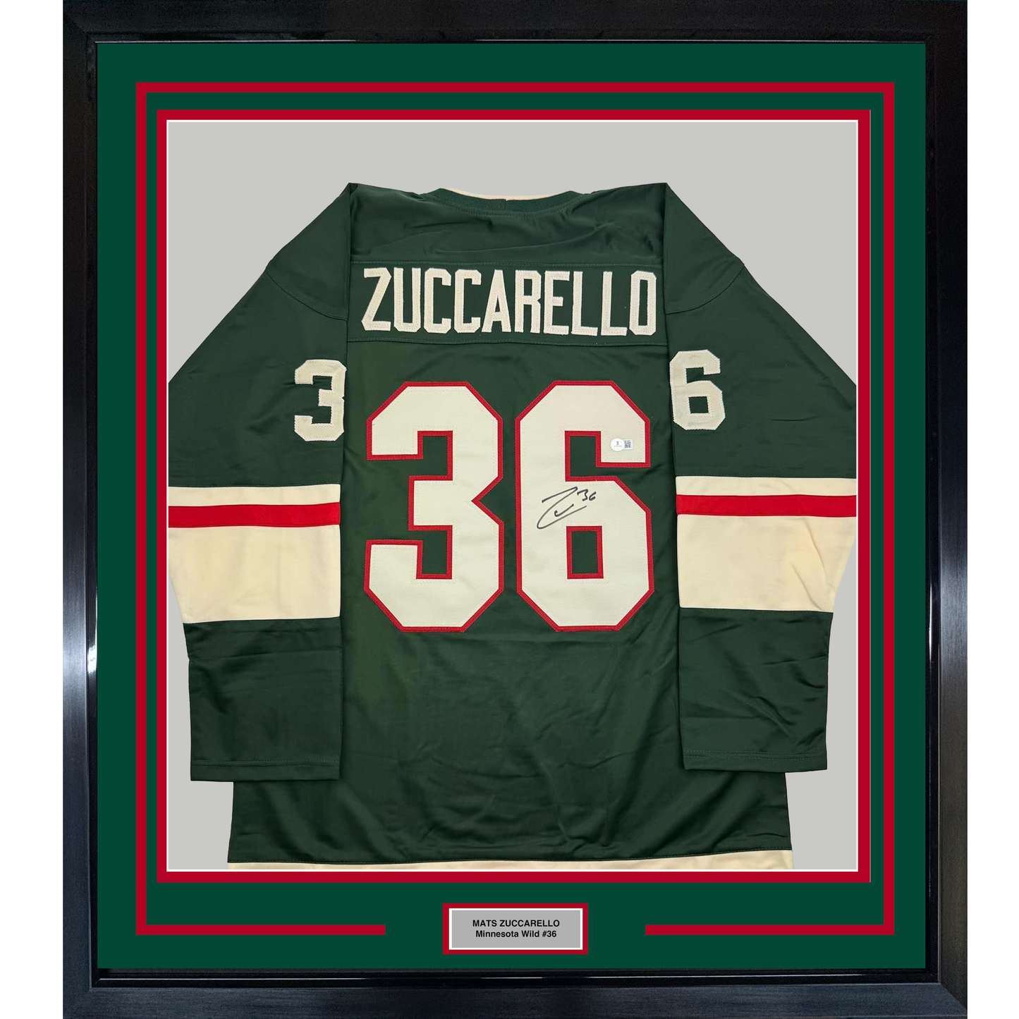 Framed Autographed/Signed Mats Zuccarello 35x39 Minnesota Green Hockey Jersey Beckett BAS COA