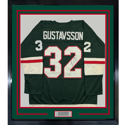 Framed Autographed/Signed Filip Gustavsson 35x39 Minnesota Green Hockey Jersey JSA COA