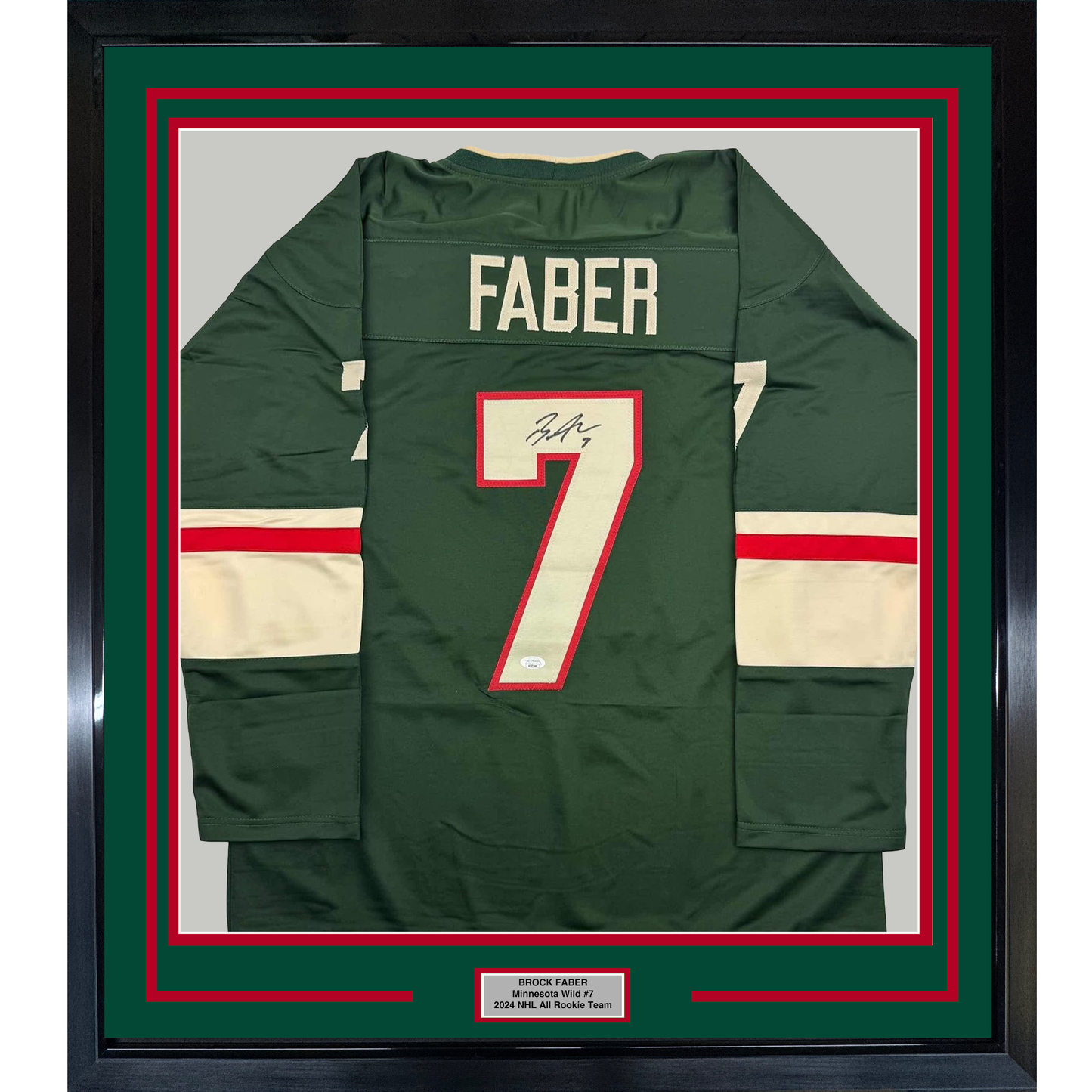 Framed Autographed/Signed Brock Faber 35x39 Minnesota Green Hockey Jersey JSA COA