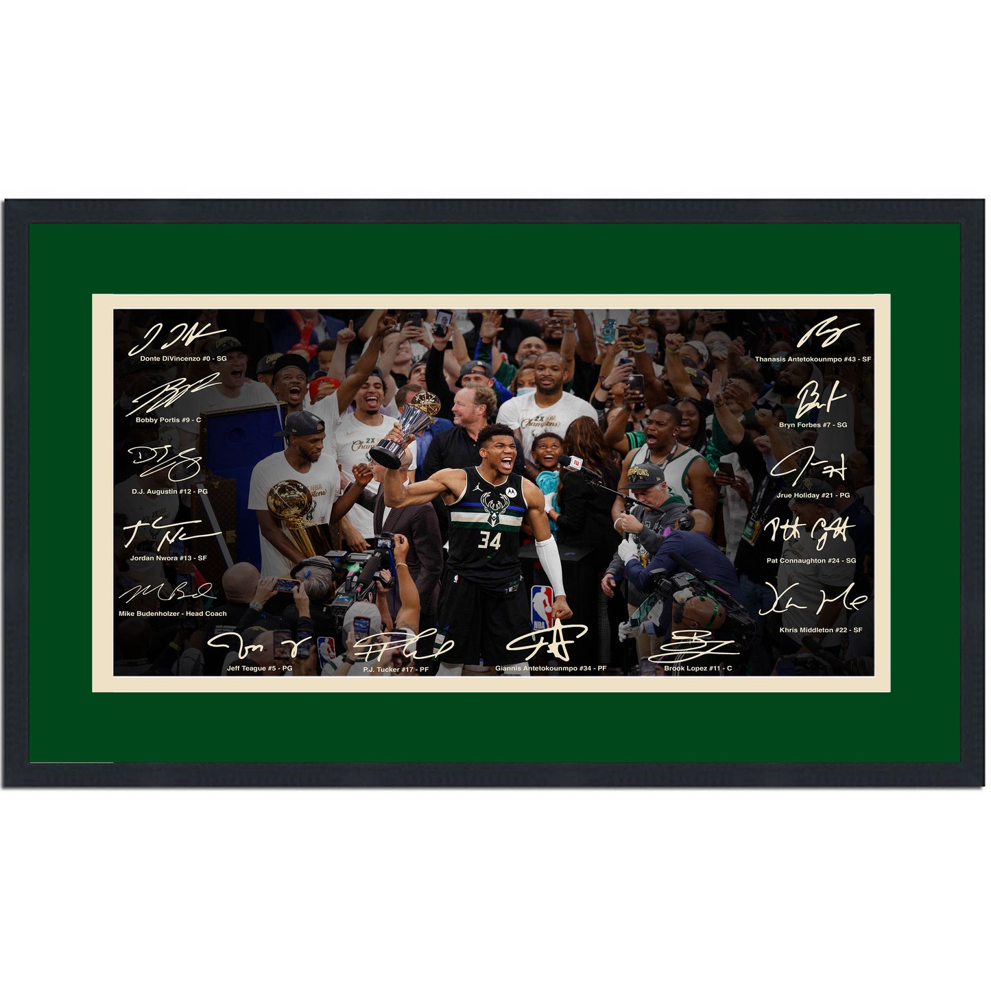 Framed Milwaukee Bucks 2021 NBA Champions Facsimile Signature Team Auto 16x24 Basketball Photo