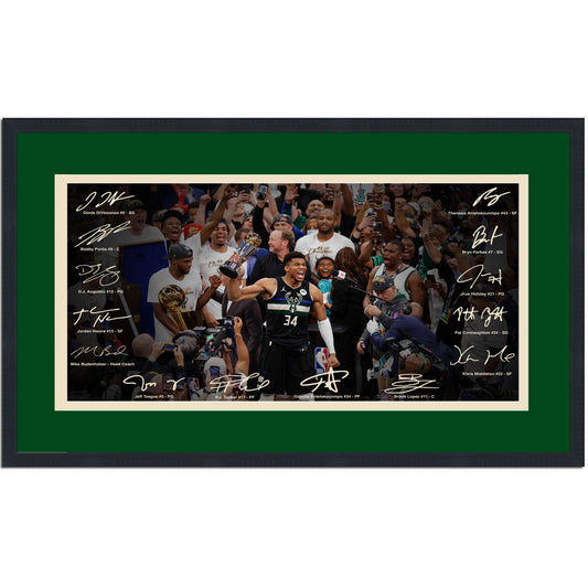 Framed Milwaukee Bucks 2021 NBA Champions Facsimile Signature Team Auto 16x24 Basketball Photo