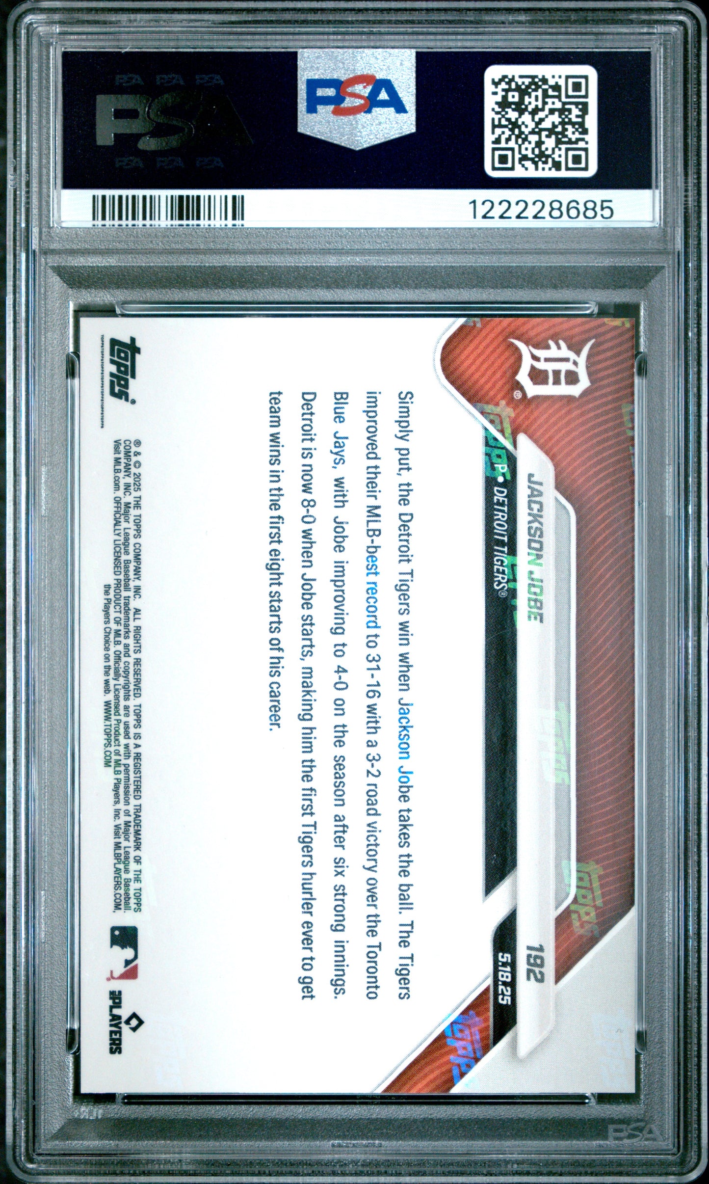 Graded 2025 Topps Now Jackson Jobe #192 Red Foil /5 Rookie RC Baseball Card PSA 10 Gem Mint