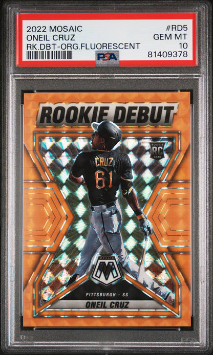 Graded 2022 Panini Mosaic Oneil Cruz #RD5 Rookie Debut Orange Fluorescent #/99 RC Baseball Card PSA 10 Gem Mint