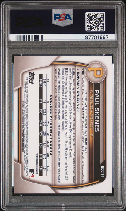 Graded 2023 Topps Bowman Draft Paul Skenes #BDC14 Chrome Rookie RC Baseball Card PSA 10 Gem Mint