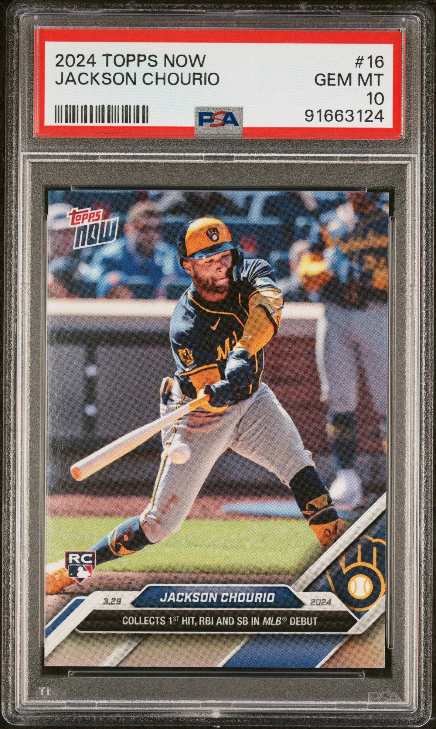 Graded 2024 Topps Now Jackson Chourio #16 Collects 1st Hit, RBI and SB in MLB Debut Rookie RC Baseball Card PSA 10 Gem Mint