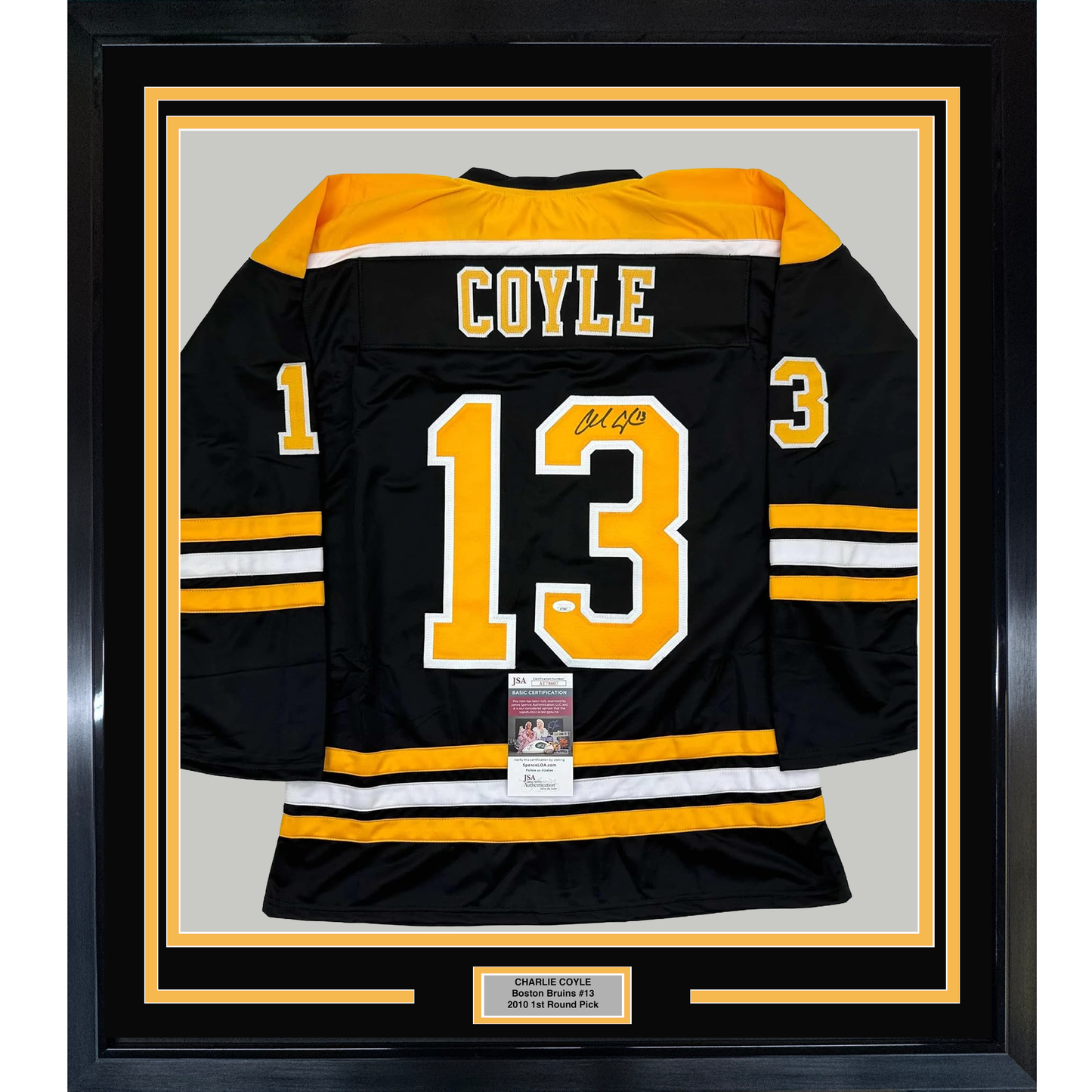 Framed Autographed/Signed Charlie Coyle 35x39 Boston Black Hockey Jersey JSA COA