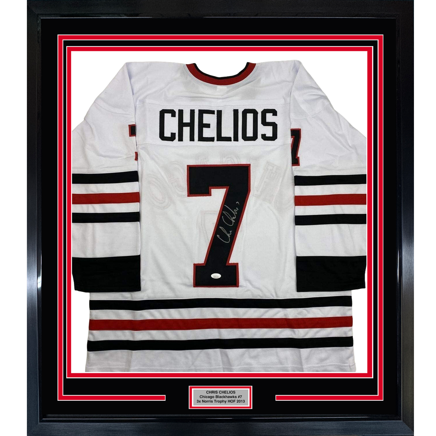 Framed Autographed/Signed Chris Chelios 35x39 Chicago White Hockey Jersey JSA COA