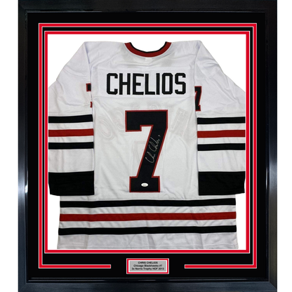Framed Autographed/Signed Chris Chelios 35x39 Chicago White Hockey Jersey JSA COA