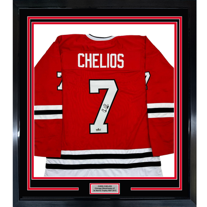 Framed Facsimile Autographed Chris Chelios 35x39 Chicago Red Reprint Laser Auto Hockey Jersey