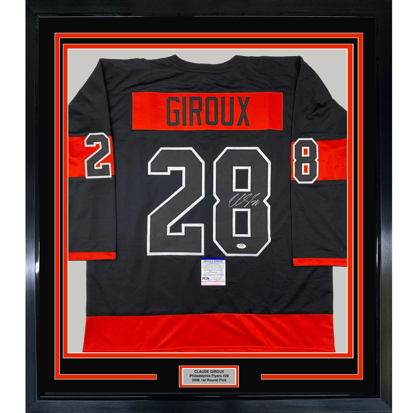 Framed Autographed/Signed Claude Giroux 35x39 Philadelphia Black Hockey Jersey PSA/DNA COA