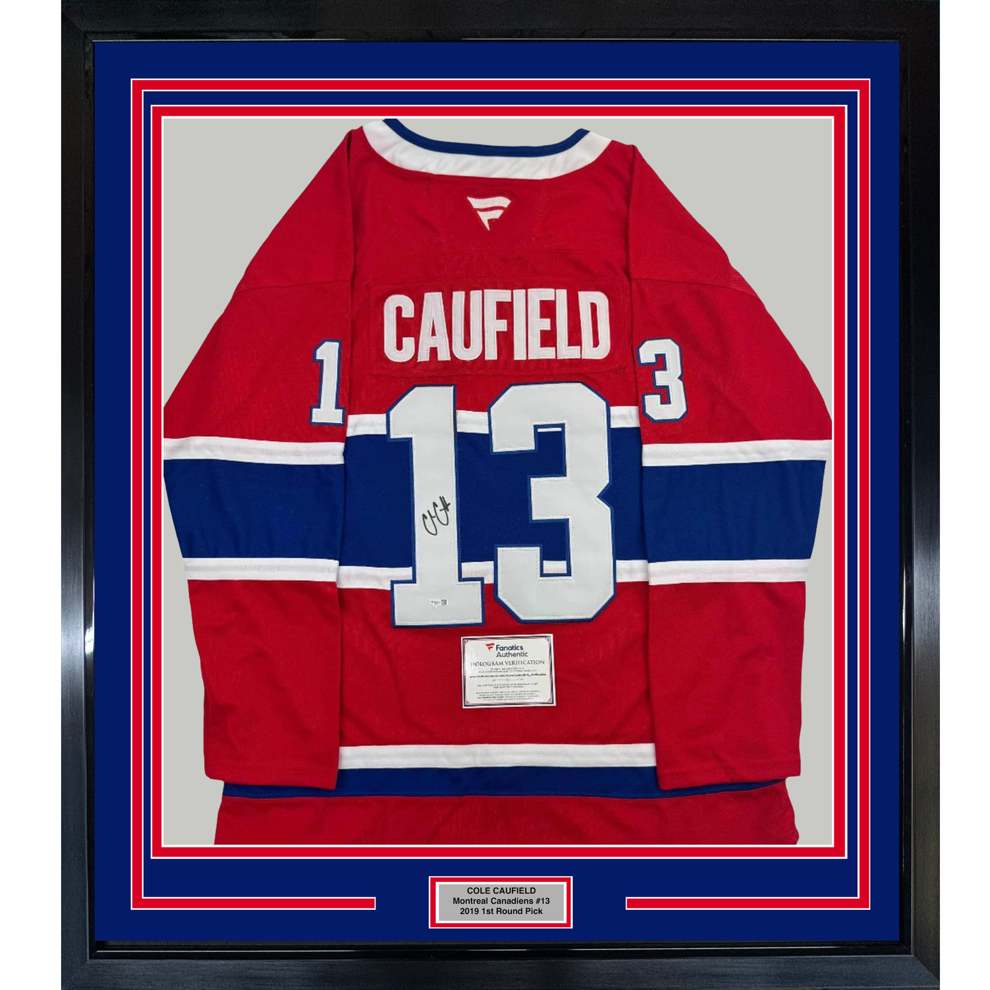 Framed Autographed/Signed Cole Caufield 35x39 Montreal Canadiens Red Hockey Jersey Fanatics COA