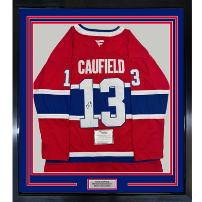 Framed Autographed/Signed Cole Caufield 35x39 Montreal Canadiens Red Hockey Jersey Fanatics COA