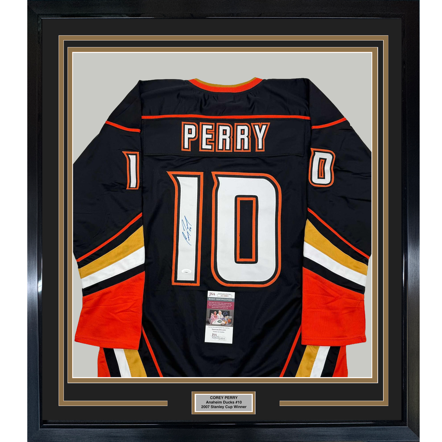 Framed Autographed/Signed Corey Perry 35x39 Anaheim Black Hockey Jersey JSA COA