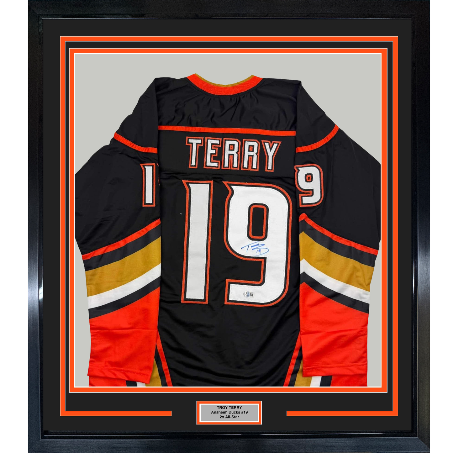 Framed Autographed/Signed Troy Terry 35x39 Anaheim Black Hockey Jersey Beckett BAS COA