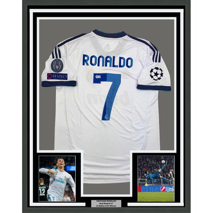 Framed Autographed/Signed Cristiano Ronaldo 35x39 Real Madrid White Soccer Jersey Beckett BAS COA