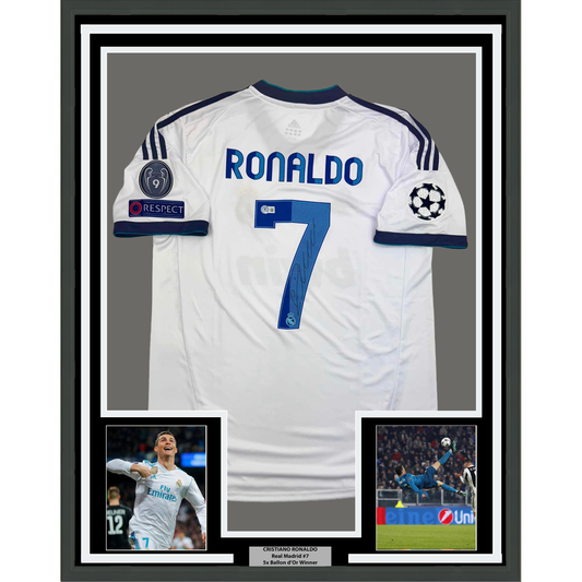 Framed Autographed/Signed Cristiano Ronaldo 35x39 Real Madrid White Soccer Jersey Beckett BAS COA