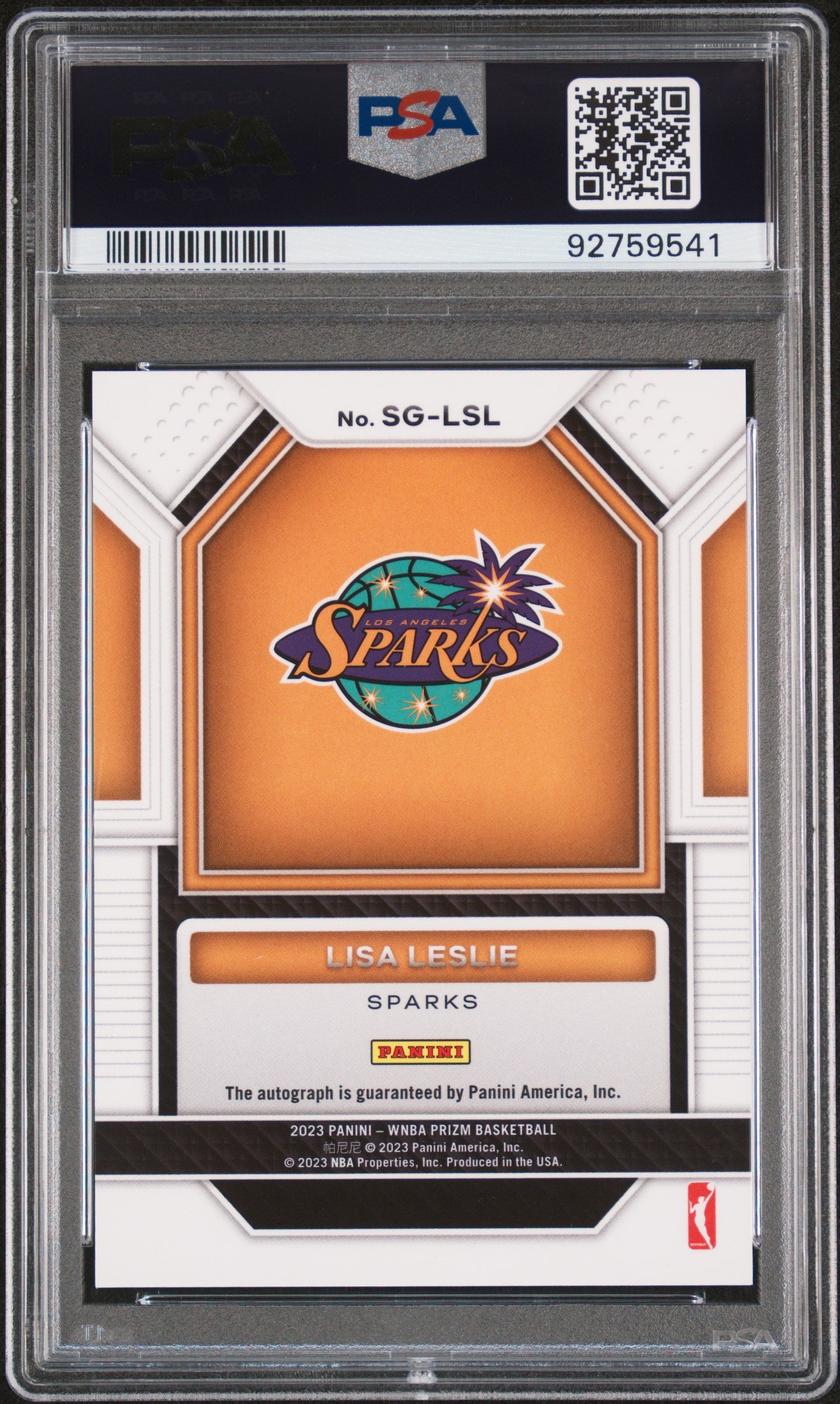 Graded 2023 Panini Prizm WNBA Lisa Leslie #SGLSL Signature Basketball Card PSA 10 Gem Mint