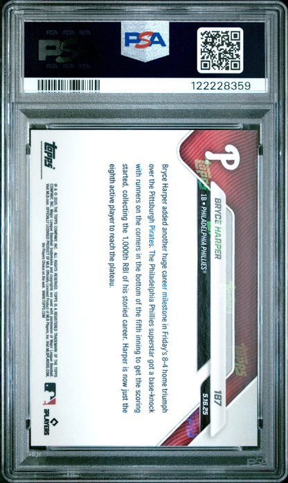Graded 2025 Topps Now Bryce Harper #187 Orange Foil /25 Baseball Card PSA 9 Mint