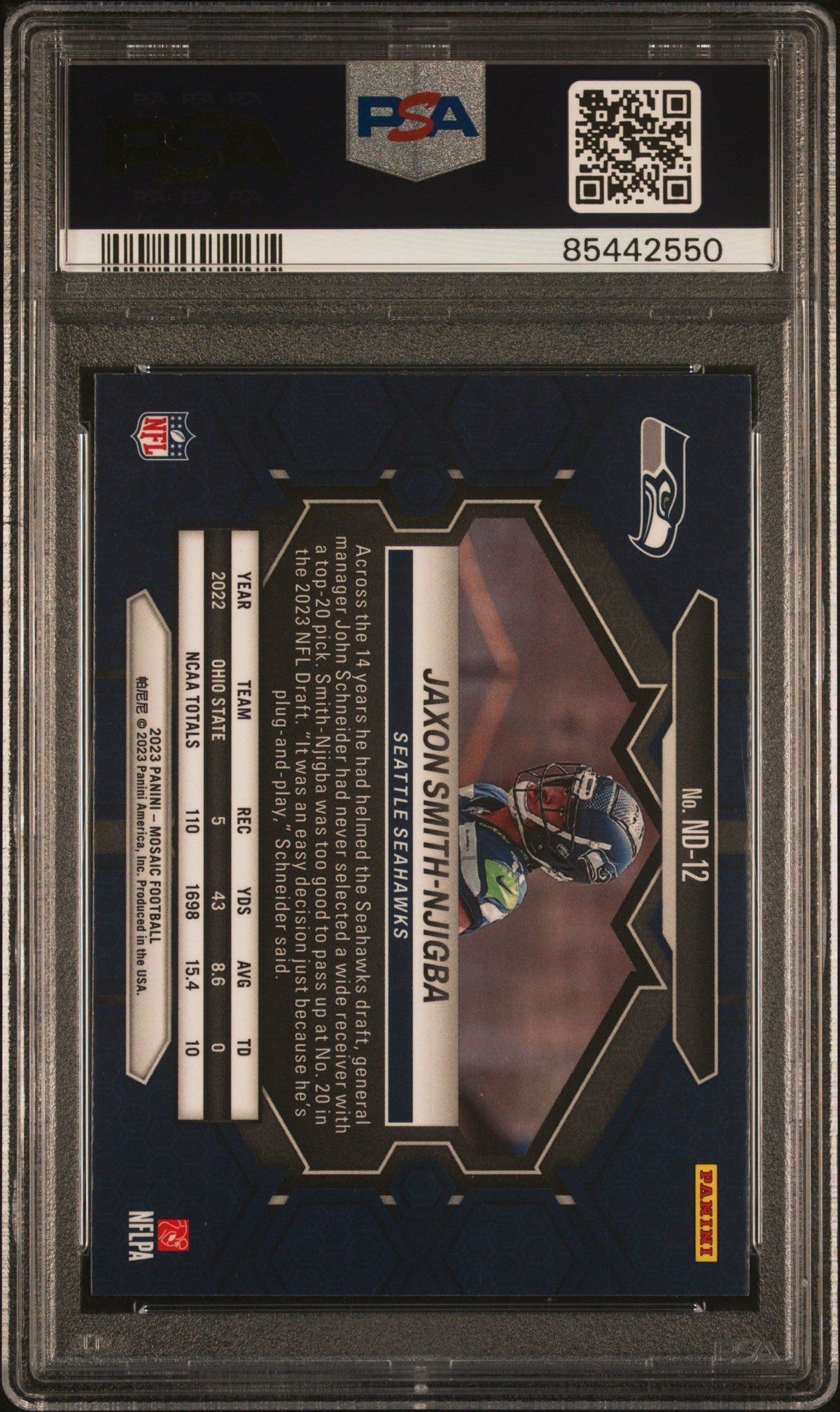 Graded 2023 Panini Mosaic Jaxon Smith-Njigba #ND12 NFL Debut Rookie RC Football Card PSA 10 Gem Mint