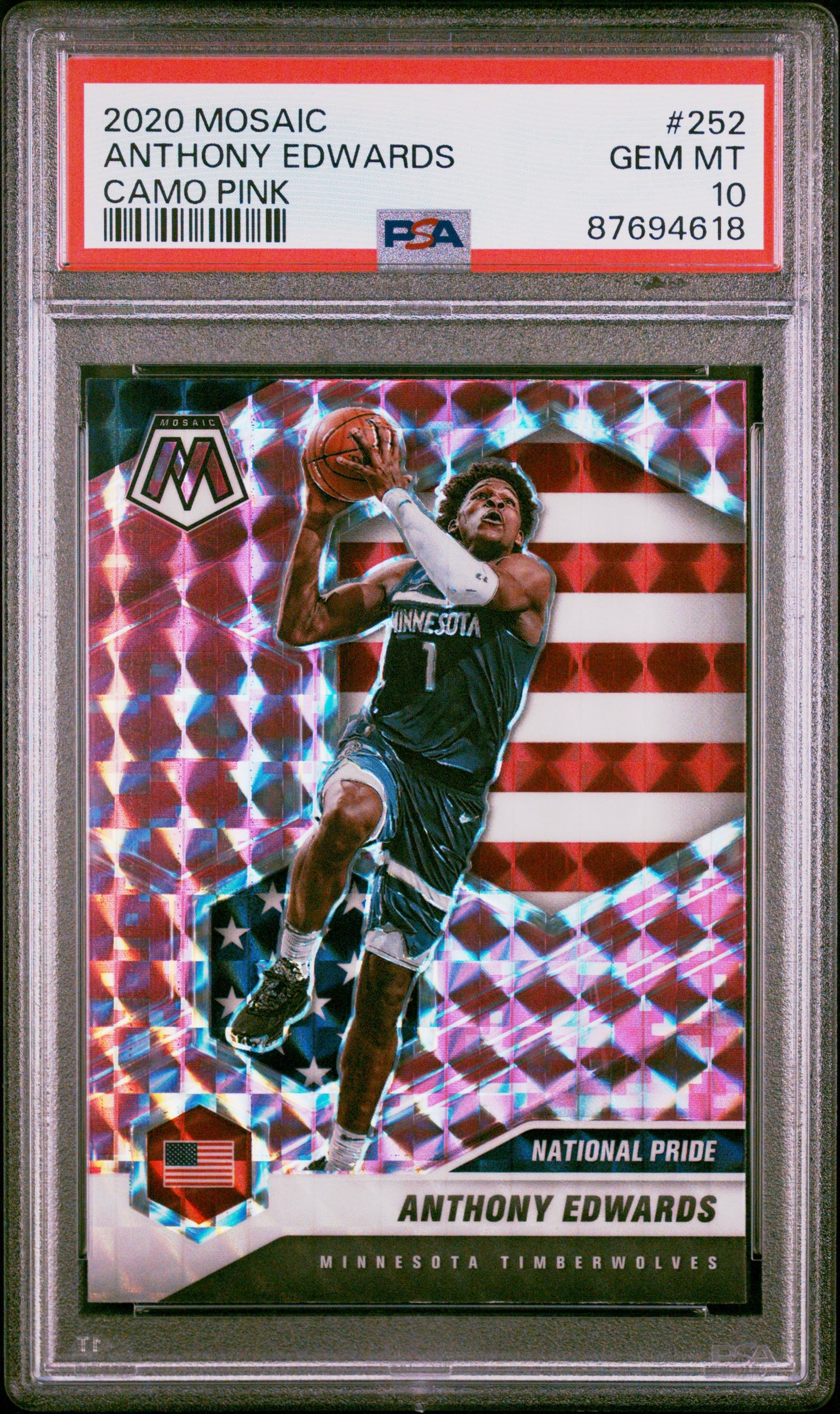 Graded 2020 Panini Mosaic Anthony Edwards #252 Camo Pink Rookie RC Basketball Card PSA 10 Gem Mint