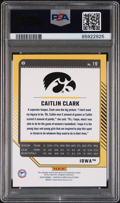 Graded 2024 Panini Caitlin Clark Collection Caitlin Clark #19 Donruss Panini Rookie RC Basketball Card PSA 10 Gem Mint