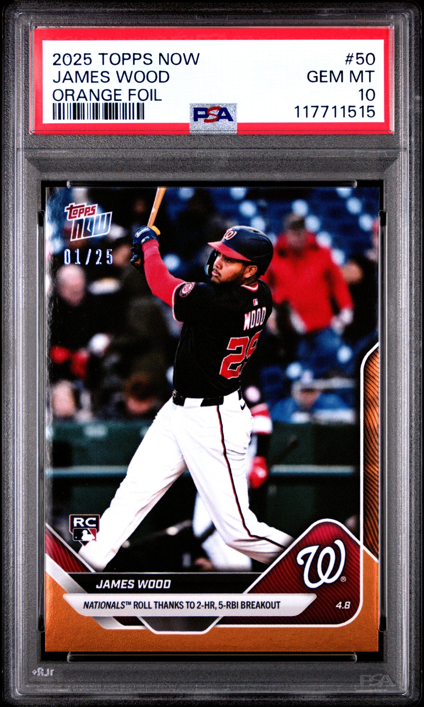 Graded 2025 Topps Now James Wood #50 Orange Foil /25 Rookie RC Baseball Card PSA 10 Gem Mint