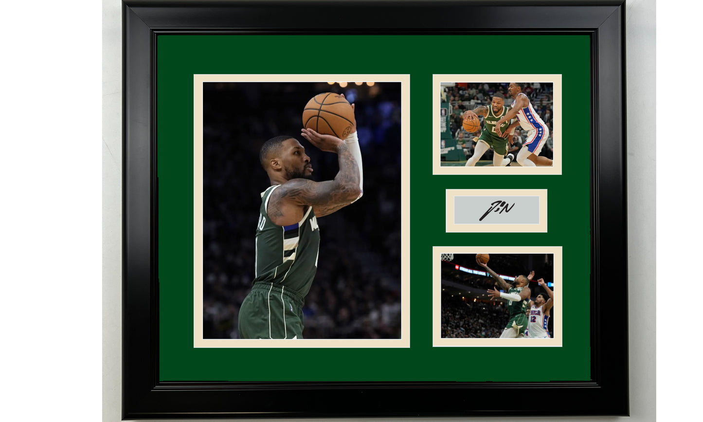 Framed Damian Lillard Milwaukee Bucks Facsimile Laser Engraved Signature Basketball 14x11 3 Photo Collage